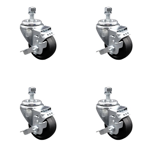 Service Caster 3 Inch SS Soft Rubber Wheel Swivel 3/8 Inch Threaded Stem Caster Set Brake SCC SCC-SSTS20S314-SRS-TLB-381615-4 - main